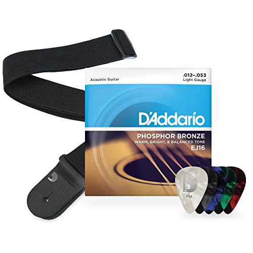 D'Addario Kit de Cuerdas para Guitarra Acústica EJ16 Phosphor Bronze, Púas y Correa, 12-53 Calibre...