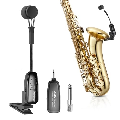 XIAOKOA Micrófono inalámbrico para saxofón, micrófono de 2.4 G, transmisor y receptor recargable,...