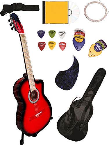 Guitarra Acustica Clasica Diversos Colores, Kit de Accesorios Incluido. (Rojo Sombra Curva)