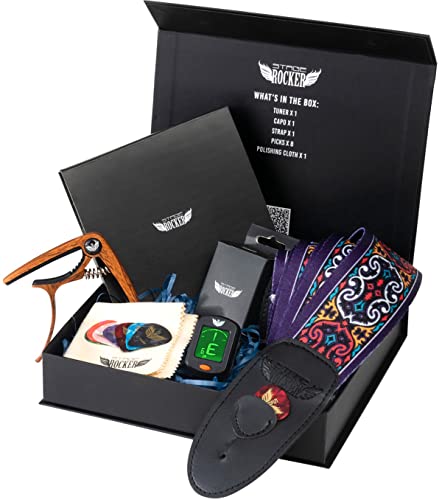 Stage Rocker - Caja de regalo de accesorios de guitarra para guitarras acústicas y eléctricas, correa...