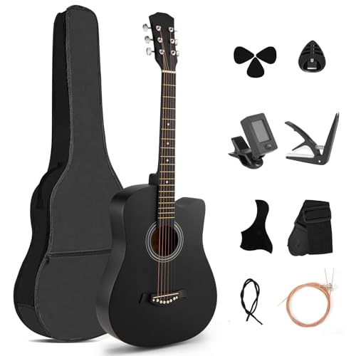 Guitarra Acústica, MTQ Guitarra Acustica con Estuche, Correa, Cuerdas, Púas, Guitarra Acustica de 38...