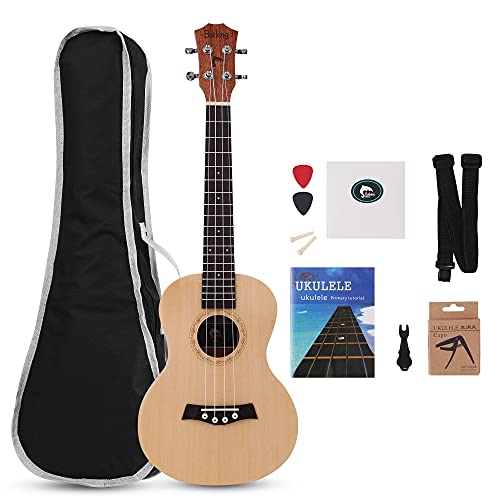 MUSOO - Ukelele de concierto de madera maciza de caoba con estuche, correa, cuerda de nailon y púas