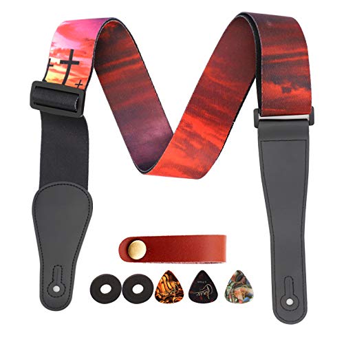 Correa de guitarra estampada con cruz de atardecer + botones + 3 púas, longitud ajustable, para guitarra...