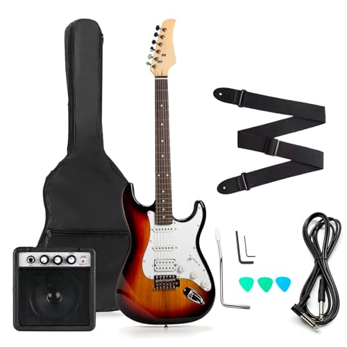 FEMMTO Guitarra Eléctrica con Amplificador 5w + Bolso + Puas (NegroNaranja)