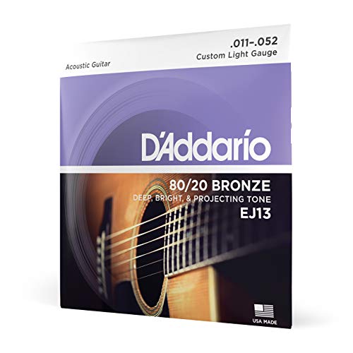 D'Addario Cuerdas para guitarra acústica, 80/20 Bronce, EJ13, Custom Light Gauge 11-52, juego de 6...
