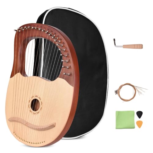 Tluokm Arpa de lira de 19 cuerdas, instrumento de cuerda de madera maciza con patrón de guirnalda, bolsa...