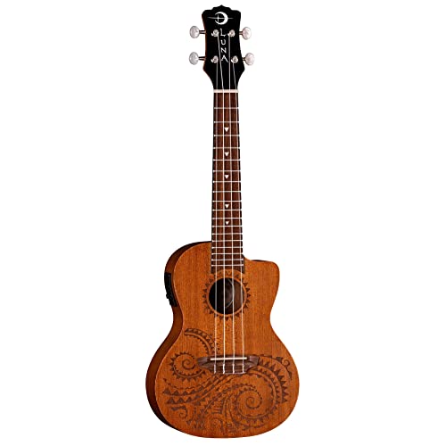 Luna Tattoo - Ukelele acústico/eléctrico de caoba con preamplificador y bolsa de concierto