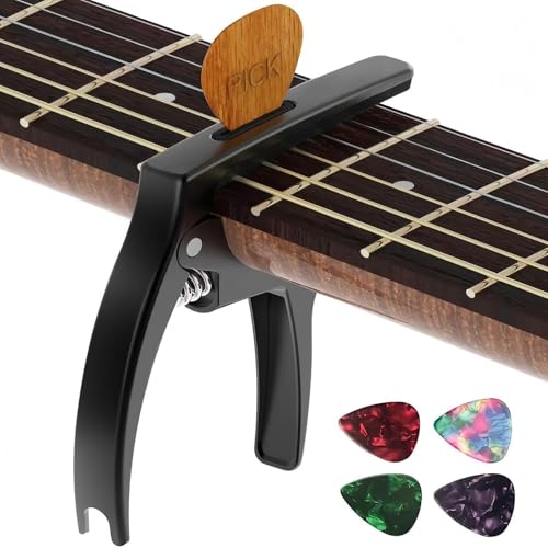 TANMUS - Cejilla de metal de zinc 3 en 1 para guitarras acústicas y eléctricas (con soporte para púas...