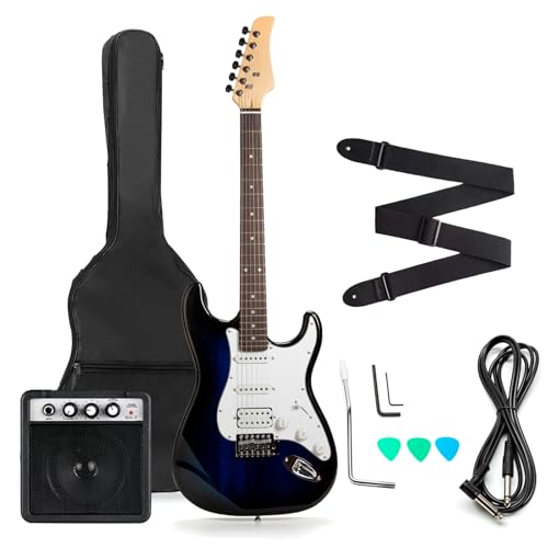 FEMMTO Guitarra Eléctrica con Amplificador 5w + Bolso + Puas (NegroAzul)