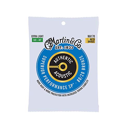 Martin - Cuerdas para guitarra acústica auténtica, rendimiento superior extra ligero 10-47, bronce...