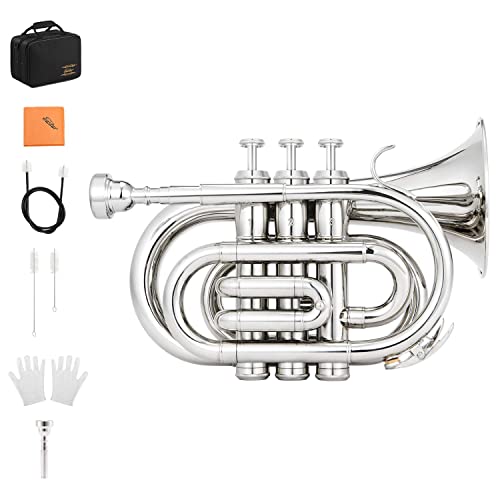 Trompeta de Bolsillo Eastar Si Bemol de Latón con Boquilla 7C, Paño de Limpieza, Estuche Rígido,...