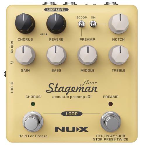 NUX Stageman - Pedal de preamplificador acústico/DI con coro, reverberación, congelación y bucle de 60...