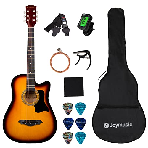 Joymusic - Kit de guitarra acústica de 6 cuerdas de 96,5 cm, Sunburst, brillante (JG-38C, 3TS), derecha