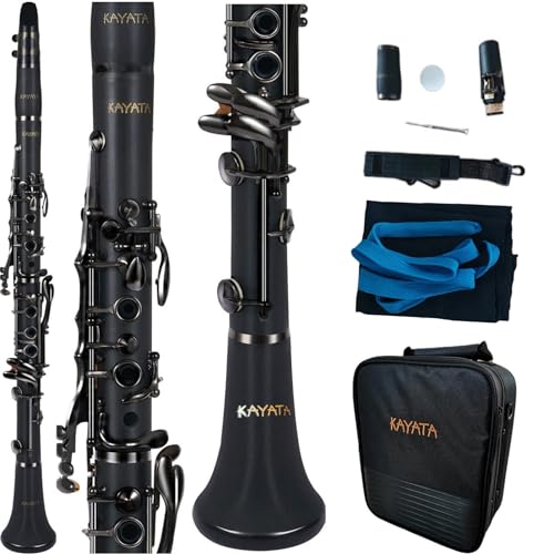 KAYATA B - Clarinete plano - Estudiante negro niquelado con caña, kit de limpieza y estuche de lona