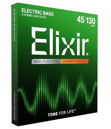 Elixir Cuerdas de acero niquelado de 5 cuerdas para bajo con revestimiento NANOWEB, escala larga, luz...