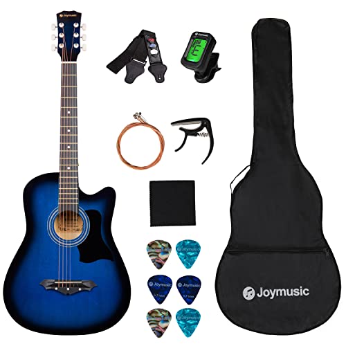 Joymusic - Juego de guitarra acústica de 6 cuerdas de 96,5 cm, color azul brillante (JG-38C, BLS),...
