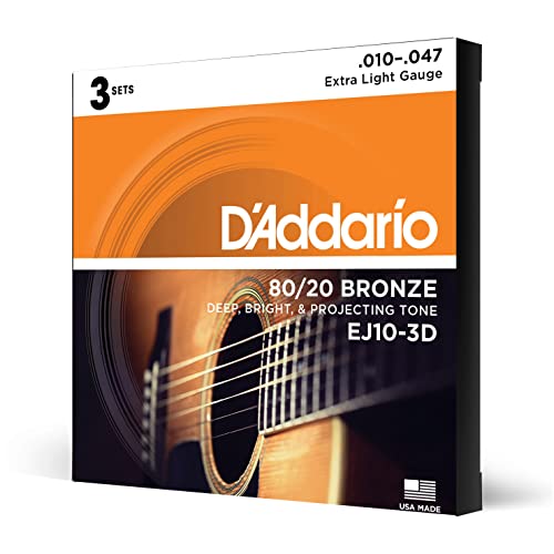 Cuerdas D'Addario para guitarra acústica, 80/20 Bronce, EJ10-3D, calibre extra ligero 10-47, juego de 6...