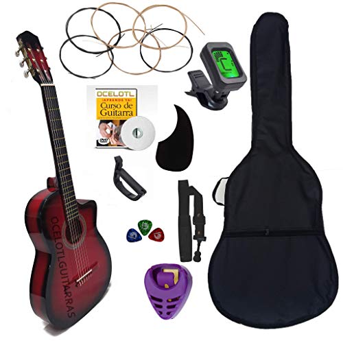 OCELOTL Guitarra Acústica Curva ® Paquete Vital De Accesorios (Rojo)