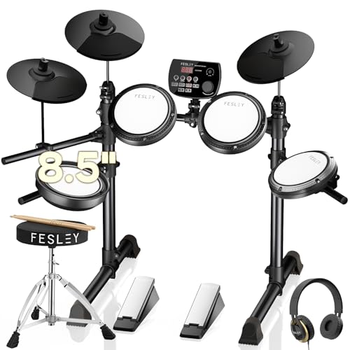 Fesley FED150W Batería Eléctrica: Batería Electrónica con 4 Pads de Malla Silenciosos para...