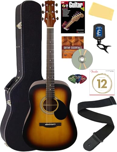 Jasmine S35 - Guitarra acústica - Paquete Sunburst mate con estuche rígido, cuerdas, afinador, correa,...