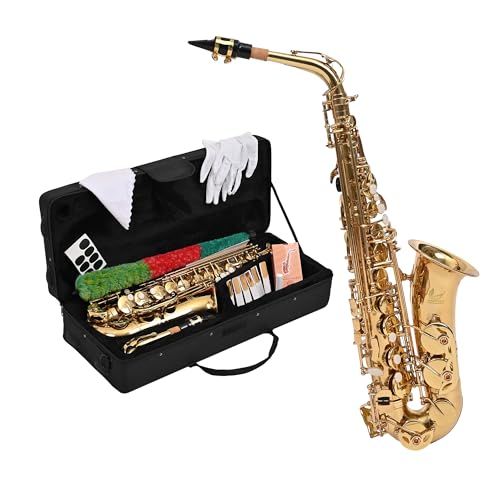 BREEZEE Saxofón Alto Lacado Dorado Fabricado en Cobre, Incluye Kit de Accesorios con Correa, Bolsa de...