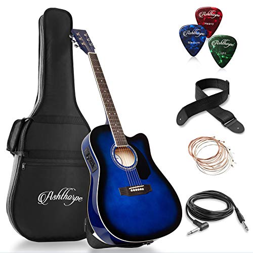 Ashthorpe - Paquete de guitarra acústica-eléctrica de tamaño completo, Azul