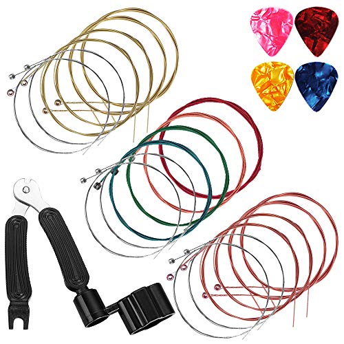 Paquete de 3 cuerdas para guitarra acústica (dorado, latón, multicolor) con púas de guitarra...