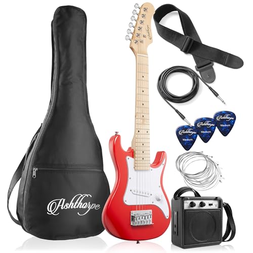 Ashthorpe Kit de guitarra eléctrica para principiantes de 30 pulgadas con amplificador (rojo), paquete...