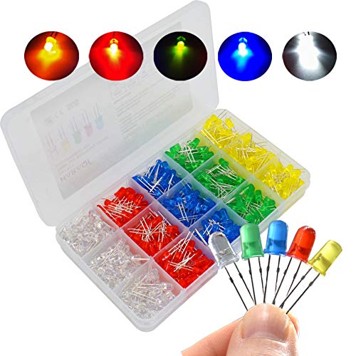 haraqi Kit surtido de diodos emisores de luz LED de 5 mm, diodo difuso de bajo voltaje para circuito PCB,...