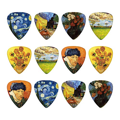 Paquete de 12 púas de guitarra de celuloide medianas, Van Gogh de 0,71 mm en una caja, regalo único de...