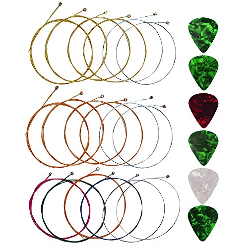 Yookat Cuerdas para guitarra acústica con 6 púas, 3 juegos de 6 cuerdas de repuesto para guitarras...