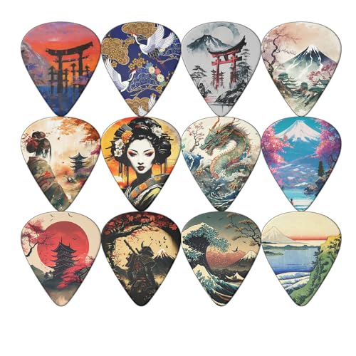 Paquete de 12 púas de guitarra, púas de ukelele de arte japonés, púas de guitarra de 0,71 mm...