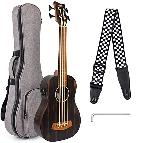 Aklot - Ukelele de bajo eléctrico (30 pulgadas, ébano, sin trastes, africano, bajo, ukelele profesional...