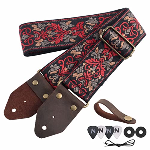 Nefelibata Correa de guitarra, jacquard bordado, correas de guitarra de algodón con extremos de piel de...