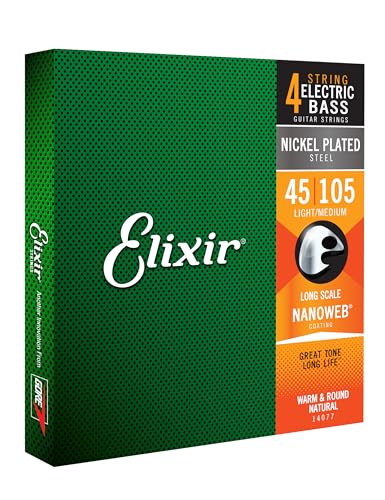 Elixir Cuerdas de acero niquelado de 4 cuerdas para bajo con revestimiento NANOWEB, escala larga,...