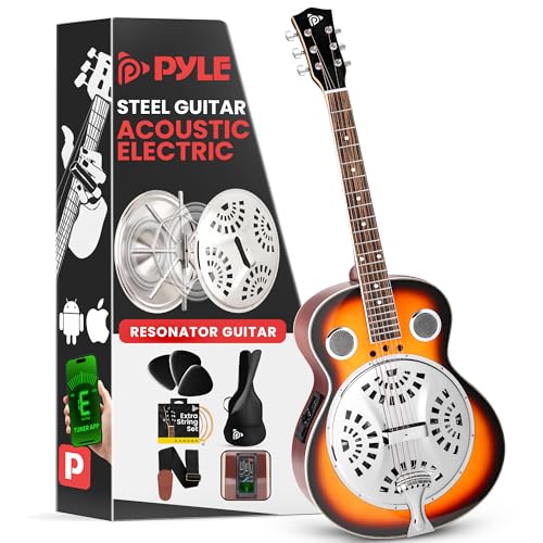 Pyle Electro Resophonic - Guitarra Eléctrica Acústica, Resonador Tradicional de Cuello Redondo de...