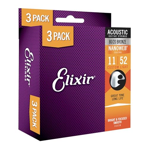 Elixir Cuerdas para guitarra acústica de bronce 80/20 con revestimiento NANOWEB, paquete de 3, luz...