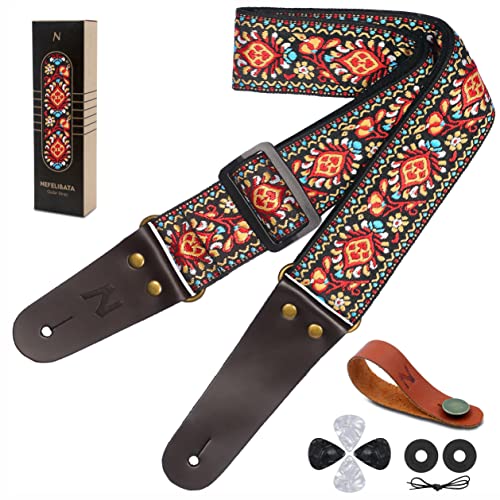 Correa para guitarra, correas de guitarra de algodón bordado clásico con extremos de piel genuino para...