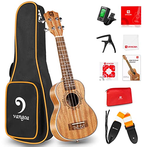 Vangoa - Ukelele acústico profesional de 21 pulgadas de caoba soprano de 4 cuerdas de madera hawaiana...