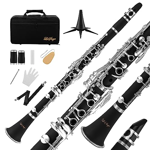 LeSage B - Clarinete plano para estudiantes y escuelas, principiantes, 2 barriles, soporte para clarinete...