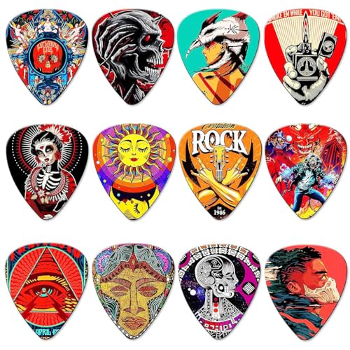 HASTHIP® Set 12 Púas de Guitarra PVC Estilo Rock, Grosores 1mm/0.71mm/0.46mm, Antideslizantes para...